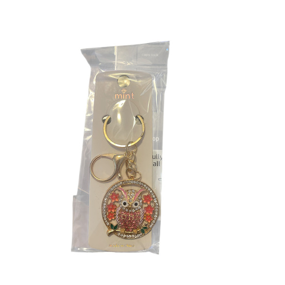 MINT OWL RHINESTON KEYCHAIN GOLD PLATED  PINK SPARKLES - Picture 1 of 1
